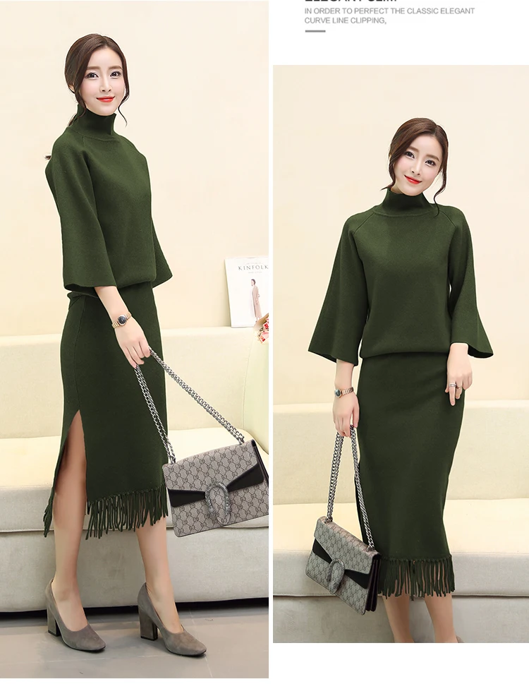 CBAFU, S-2XL, с кисточками, с разрезом, трикотажная, облегающая юбка, женский костюм, однотонный, водолазка, свитер, костюм для женщин, 2 предмета, набор, осень, N888