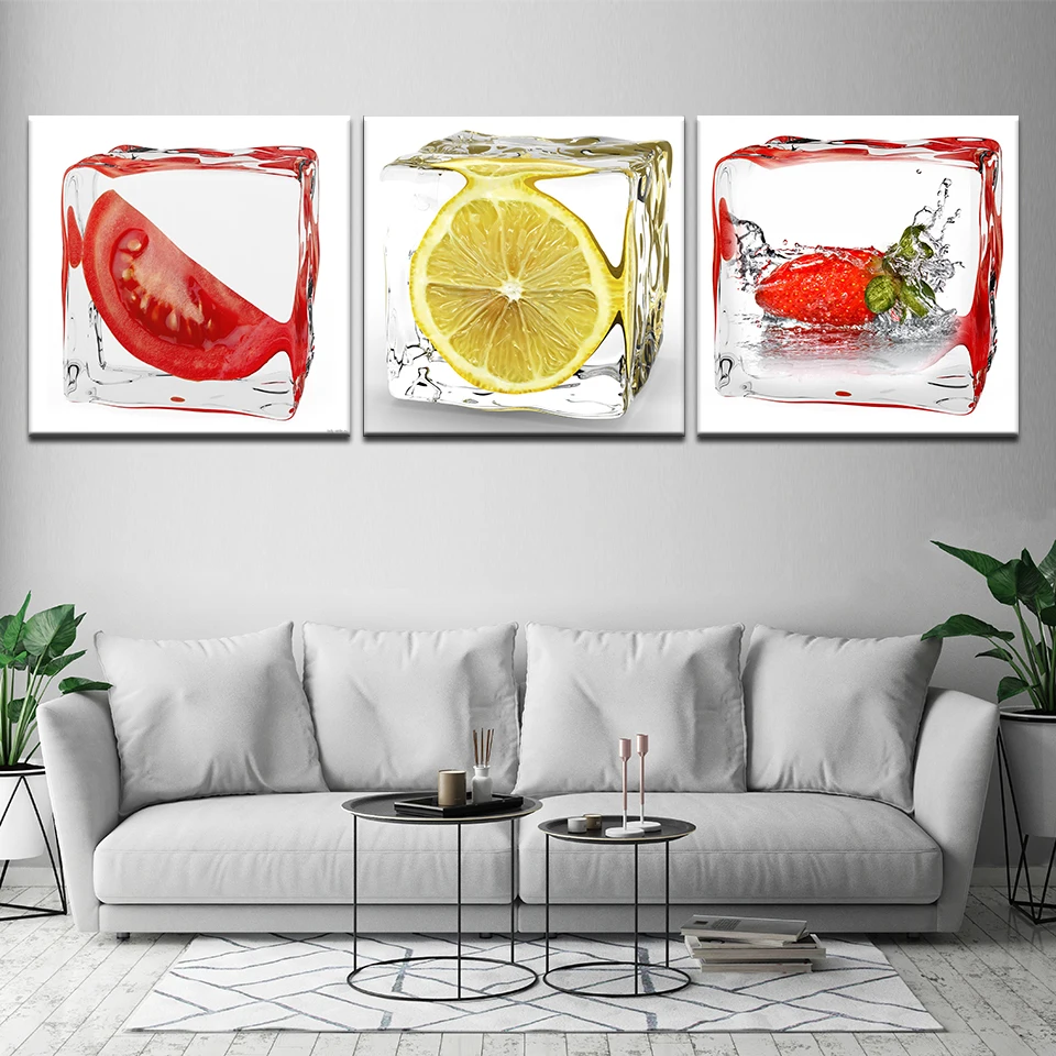 

3 Piece Modern Wall Art Dining Room Decorative Pictures Ice Fruits Paintings On Canvas Prints For Kitchen Room Decor Frame