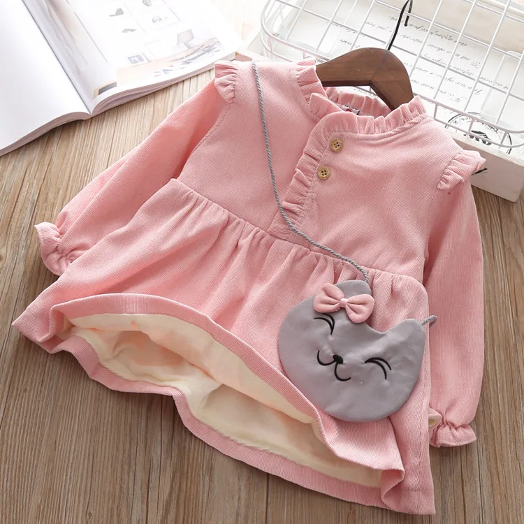 Новое однотонное платье для малышей, vestido infantil платье с длинными рукавами для девочек осенне-зимнее бархатное детское цельнокроеное платье, подарок