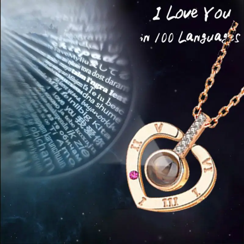 Ожерелье с подвеской с 100 языками I love you Проецирование розовое золото и серебро воспоминания о романтической любви свадебное ожерелье
