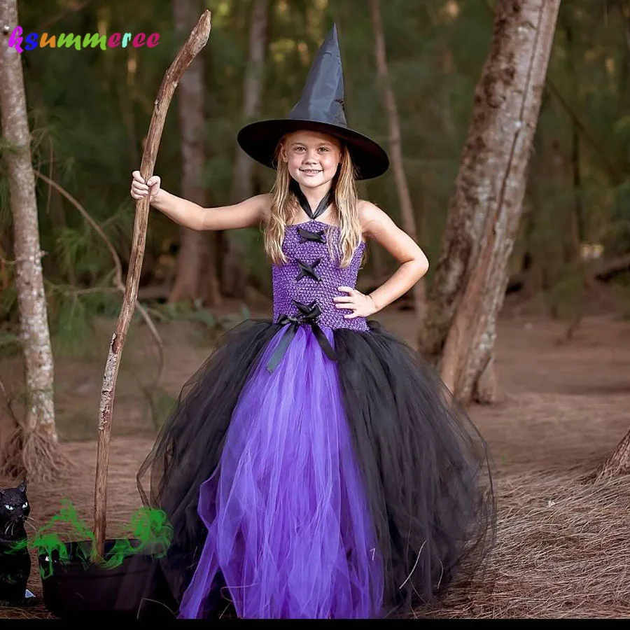 Black Purple Girls Tutu Dress Little Witch Halloween Costume Kids Party Carnival Cosplay Photo Props | Детская одежда и обувь