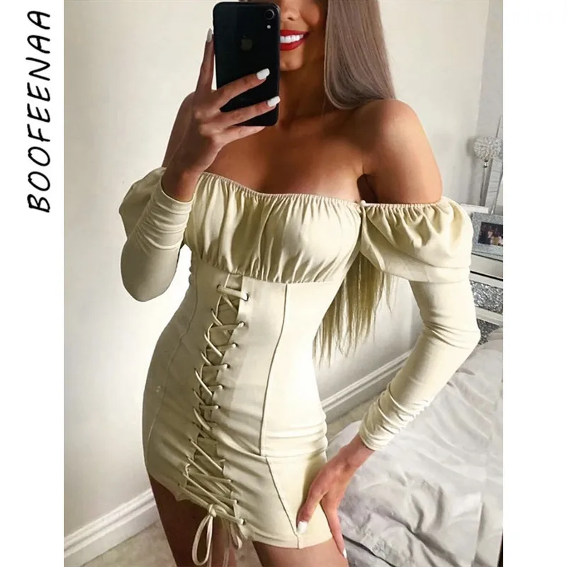 BOOFEENAA с плеча длинным рукавом Bodycon Бандажное Платье женское винтажное