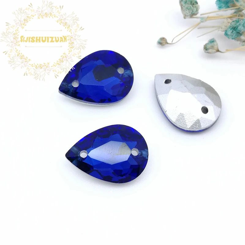 Sapphire blue water-drop shape Glass Crystal sew on rhinestones with two holes Diy wedding dress accessories Free shipping | Дом и сад