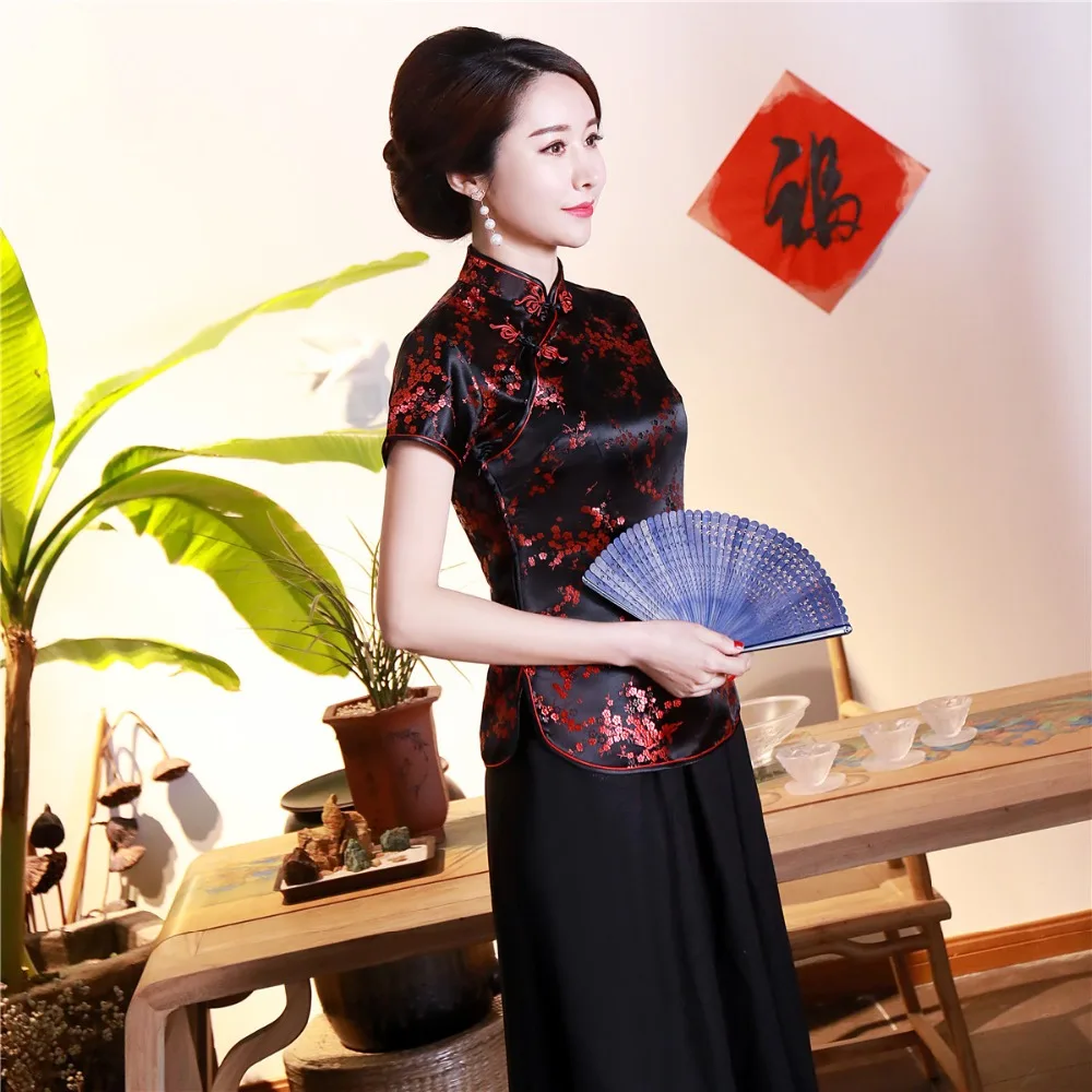 Шанхай история короткие Cheongsam Топ Традиционный китайский искусственный шелк/Атласный топ Дракон и Феникс Вышивка Блузка Топ Qipao рубашка