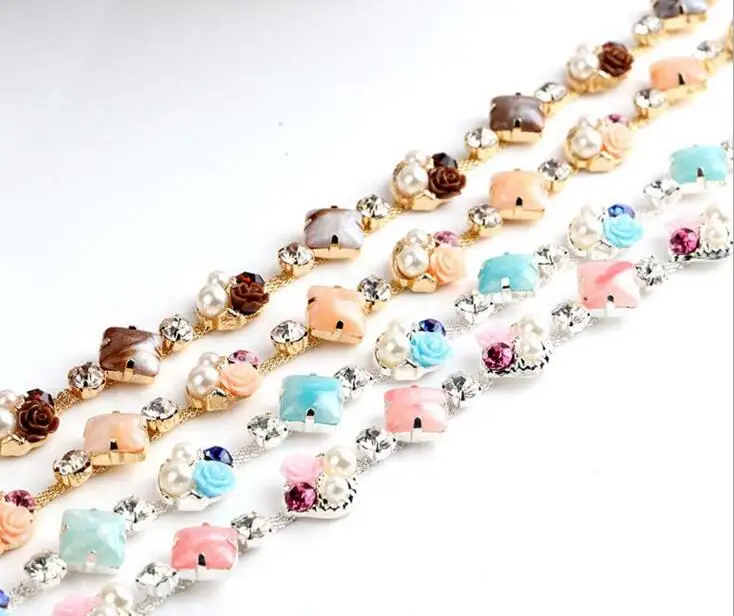 1 ярд розовые жемчужные бусины в форме цветка стразы кисточки Посеребренная