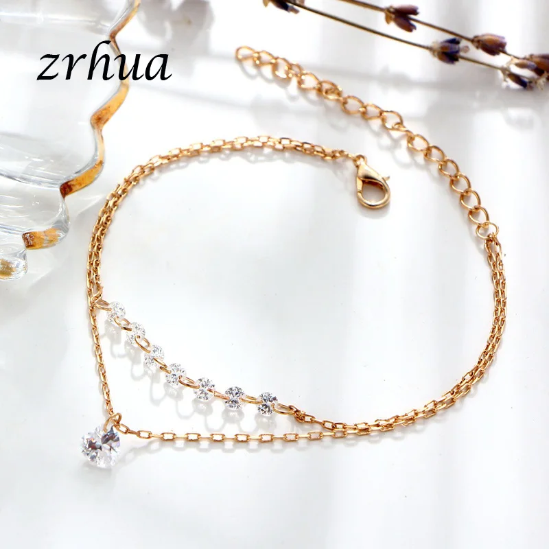 ZRHUA Elegant Fashion Exquisite Charm Sweet Heart Crystal Gold Color Bracelet for Women Shiny Gifts Clear Cubic Zirconia Jewelry | Украшения