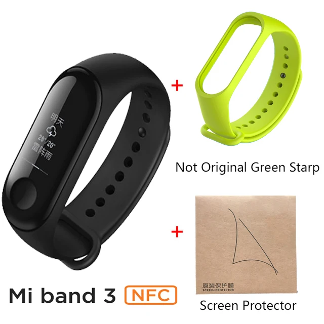 add green starp Xiaomi Mi band 3 NFC версия 0,7" OLED большой сенсорный экран новые умные браслеты браслет - Цвет: add green starp