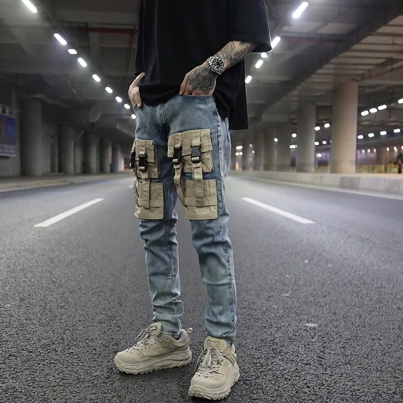 Высокая уличная джинсовая одежда для мужчин модные лоскутные джинсы с большими