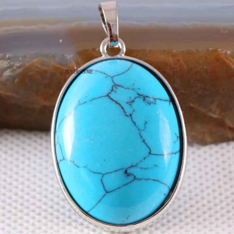 Blue Turquoise 1 шт. 31 цвет 35x25 мм Серебряный кулон Овальный натуральный камень Бусины Подходят Ожерелье Серьги для женщин Howlite Амазонит ювелирные изделия подарок - Окраска металла: Blue Turquoise