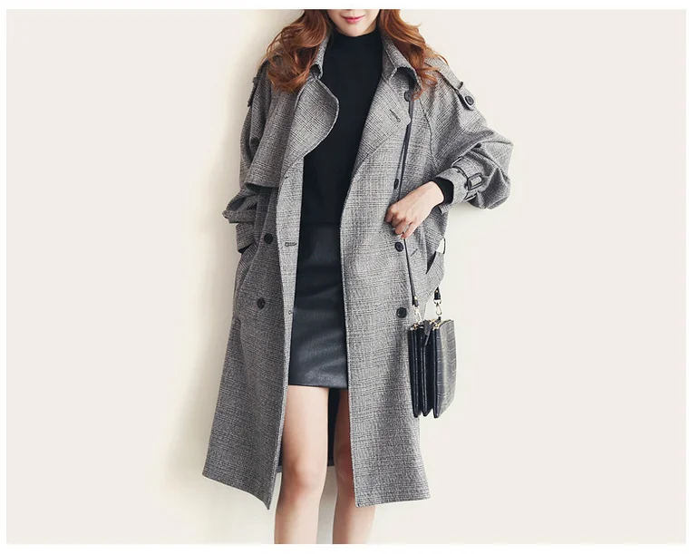 Женский Тренч с двумя пуговицами длинная клетчатая ветровка верхняя одежда для