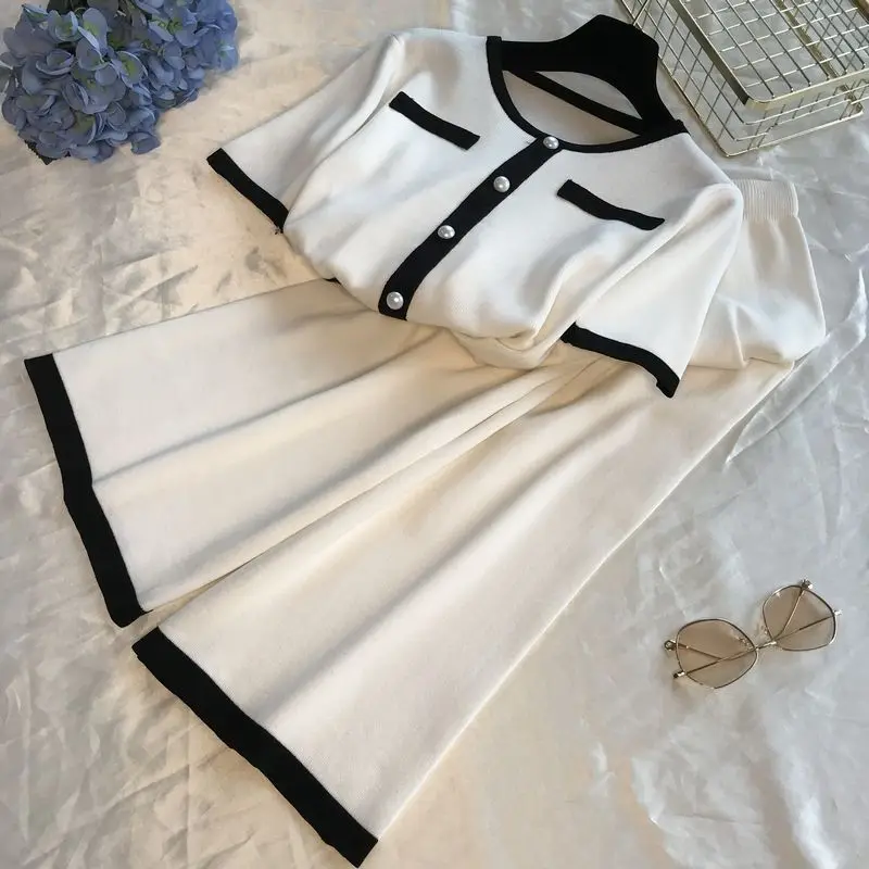 Белый ALPHALMODA вязаный костюм с круглым вырезом и короткими рукавами+ широкие брюки, двухсекционный костюм, женские летние модные трикотажные брюки - Цвет: Белый