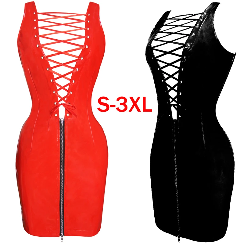 Женское платье из ПВХ с глубоким вырезом Wet Look облегающее на молнии без рукавов