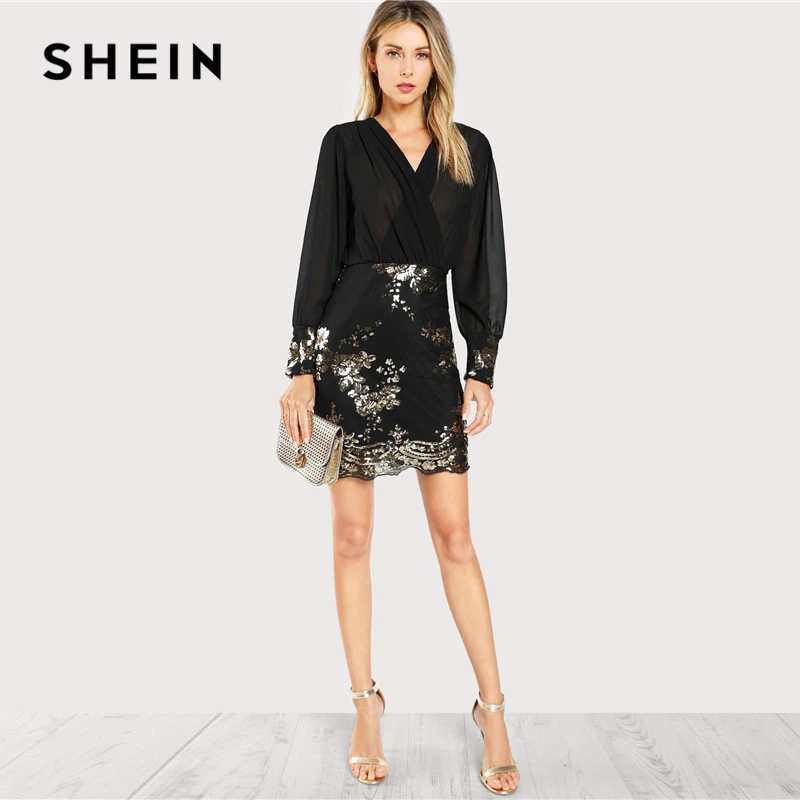 SHEIN Модное Платье Женское Осеннее Черное Элегантное С V Образным Вырезом И