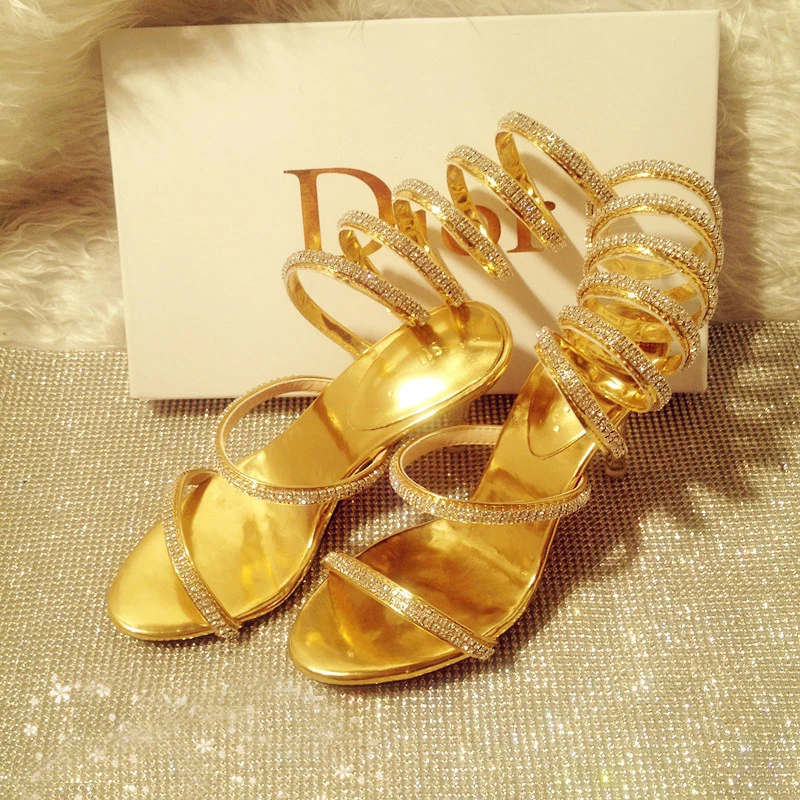 Женские босоножки со стразами золотистые туфли на высоком каблуке туфли-лодочки
