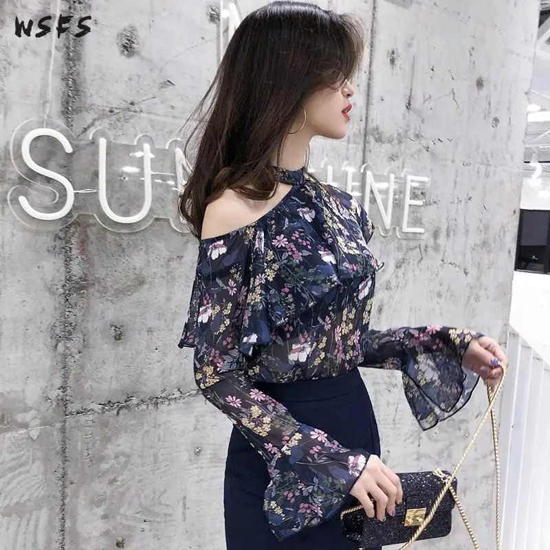 

Spring 2 Pieces Set Blue See Throughfloral Flare Sleeve Ruffles Chiffon Top Office Ladies Wrap Midi Skirt Sexy Party Women Dress