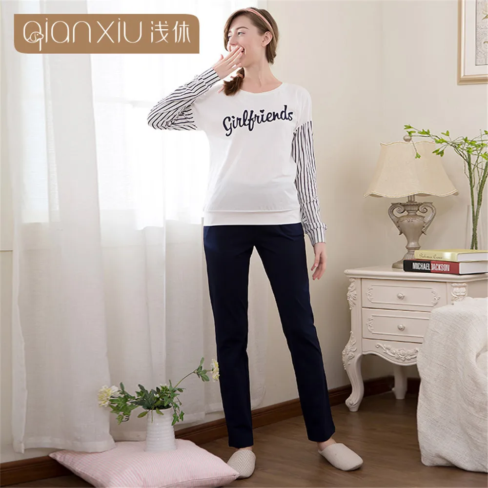 

Qianxiu Pyjamas Women Long Sleeve Stripe Letters Design Pajama Sets Leisurewear Cotton Stitch Pyjama Femme Adult Onesie Homewear