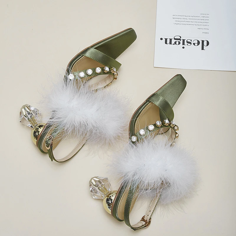 WETKISS Satin Strange Style Sandals Women Summer High Heels Sandals Female Crystal Shoes Woman Feather Party Luxury Shoes Ladies