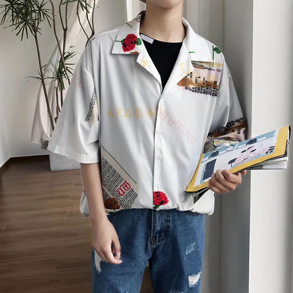 

2019 the new summer men's Korean version of loose personality printing fashion trends BF wind half sleeve shirt cotton clothes