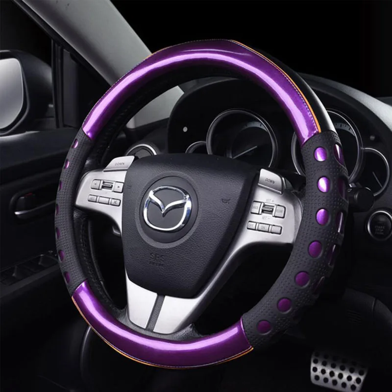 2019New автомобильные чехлы на руль, кожаные яркие цвета, спортивная мода, нескользящий комплект, Универсальный руль, украшение - Название цвета: glamour purple