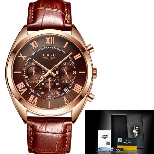 gold brown Часы мужские люксовый бренд LIGE модные спортивные водонепроницаемые кварцевые часы мужские военные кожаные Наручные часы Relogio Masculino - Цвет: gold brown