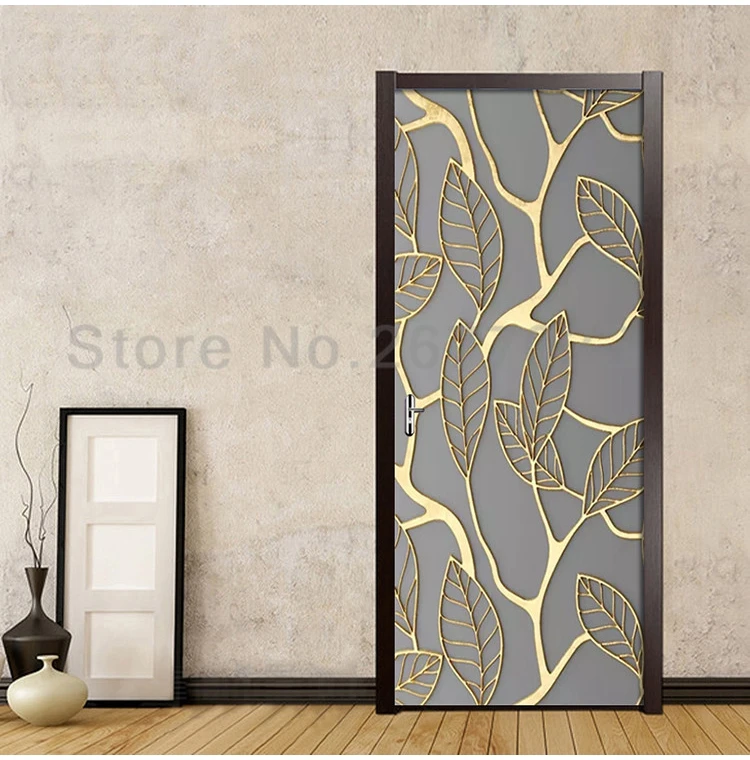 Creative 3D Golden Leaves Door Sticker DIY Home Decor Decal Self Adhesive Wallpaper Waterproof Mural For Bedroom Door Renovation