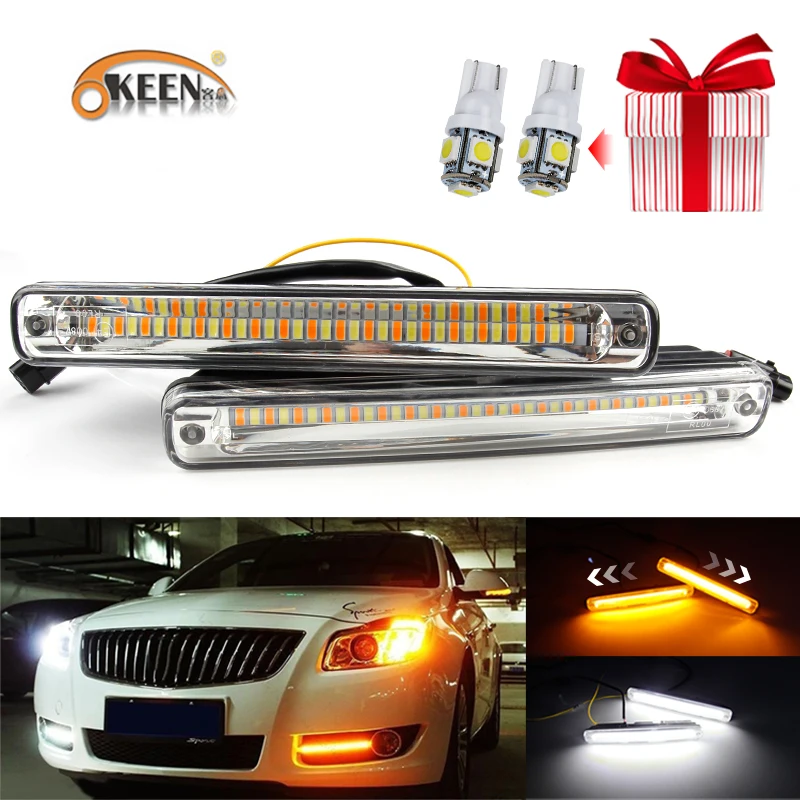 

OKEEN 1pair Cars LED DRL Daytime Running Light Waterproof COB drl White Day Light + Yellow Color Turning Signal Fog Light 12v