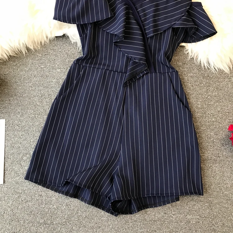 ALPHALMODA, летний женский короткий комбинезон с рюшами, неровный, с открытыми плечами, с высокой талией, женские стильные комбинезоны в полоску, Модный комбинезон