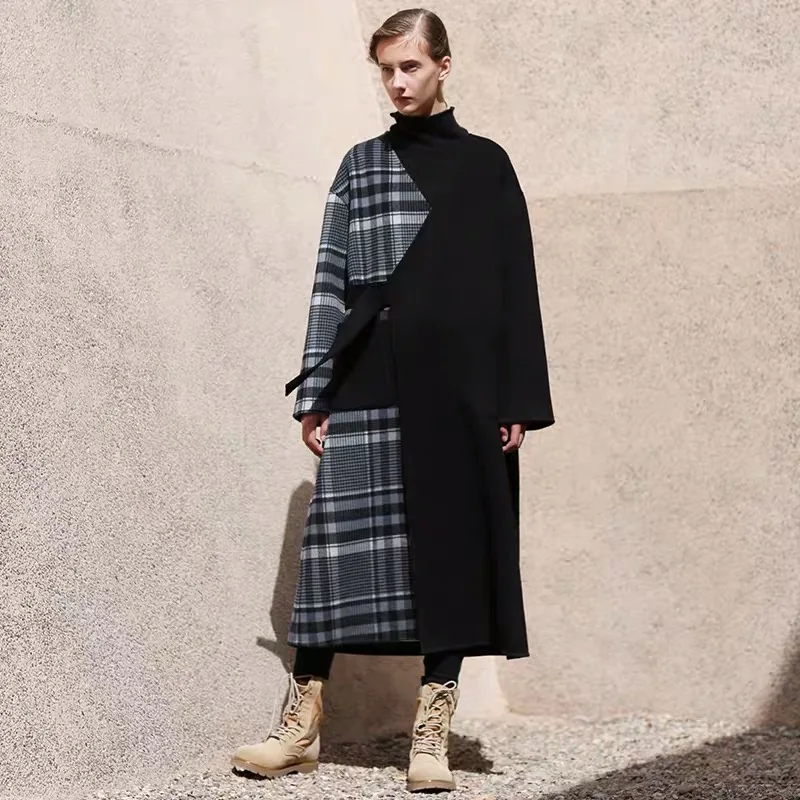 IRINAW150 2018 AW Collection v neck bleted oversized long plaid patchwork black handmade double faced 100% wool coat women | Женская