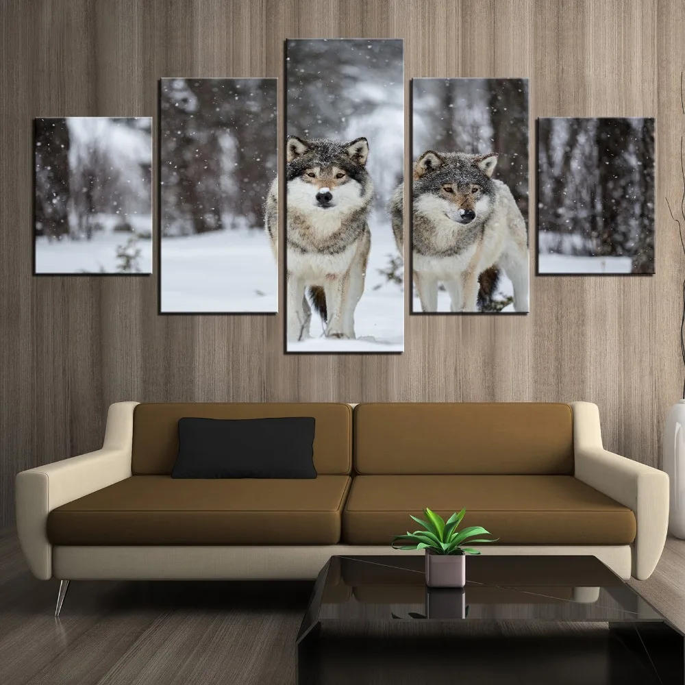 Холстокартина Современное искусство Живая настенная декорация Рама Модульные картины Зимний лесный пейзаж Масло 5 панелей Животные Волки на.