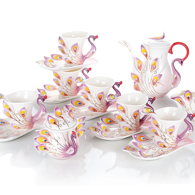 Фарфоровая эмалированная посуда для напитков [набор из 21 шт. 6 чашек + блюд ложек 1