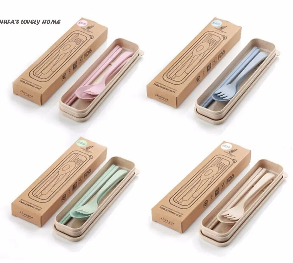 Новый пшеницы соломы набор посуды Портативный посуда из трех частей окружающей