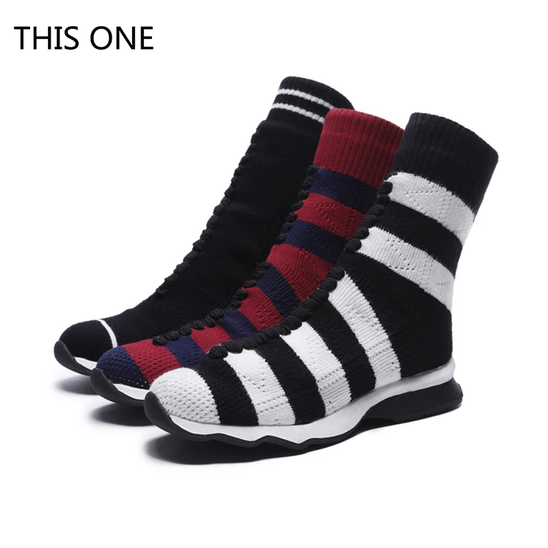 Лидер продаж 2018 женские вязаные ботинки на плоской подошве и каблуке эластичные