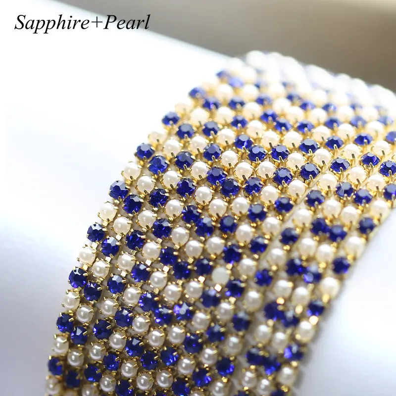 sapphire Новая ABS цепочка с жемчугом и стразами 10 ярдов/рулон хрустального стекла SS6/2 мм Золотая основа чашки закрытые цепочки Одежда Швейные стиль diy - Цвет: sapphire