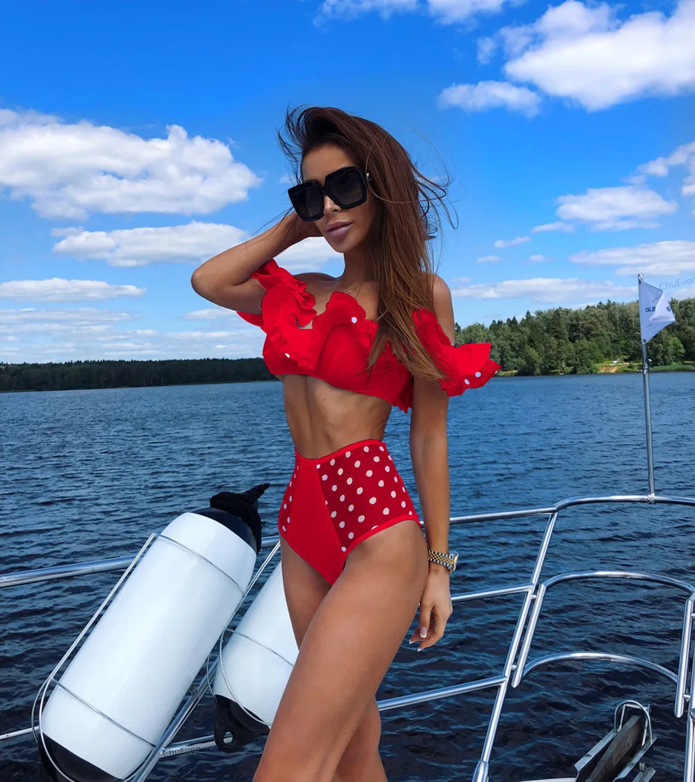 Для женщин Высокая Талия бикини сексуальная рябить купальники с открытыми