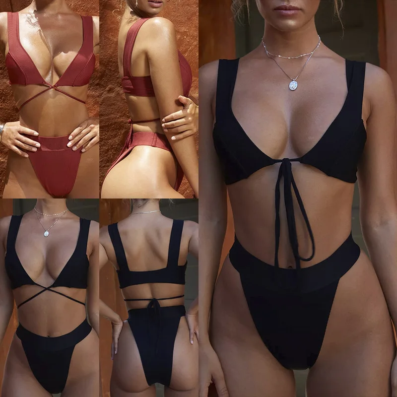 2019 новый европейский и американский сплошной цвет бикини с перекрещивающиися