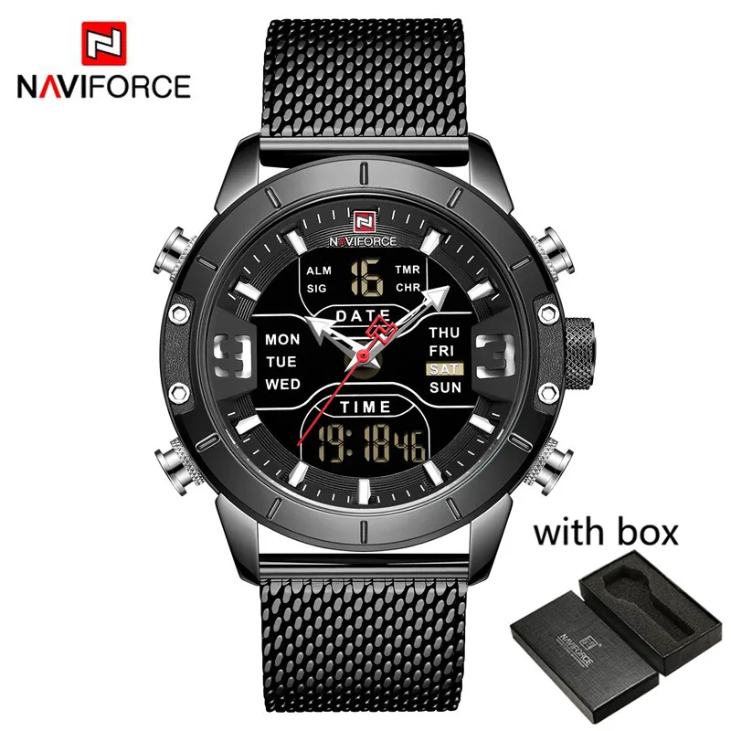 NA915304 with box Мужские часы от ведущего бренда NAVIFORCE, мужские модные спортивные часы, мужские водонепроницаемые кварцевые цифровые светодиодные часы, мужские наручные часы в стиле милитари 9153 - Цвет: NA915304 with box