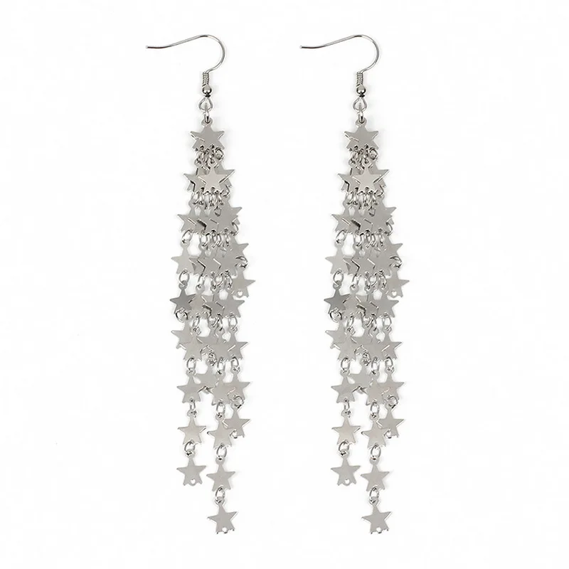 Элегантный корейский Многослойные Metal Star кисточкой Длинные Висячие серьги для