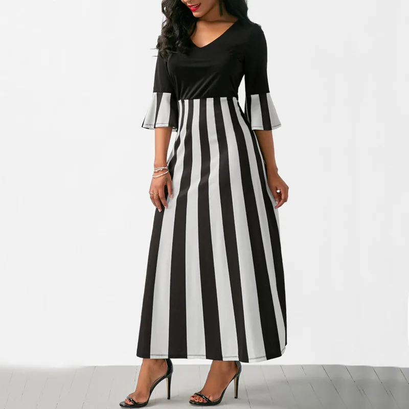 Платье женское с принтом V-образным вырезом и длинным рукавом осень 2018 | Женская