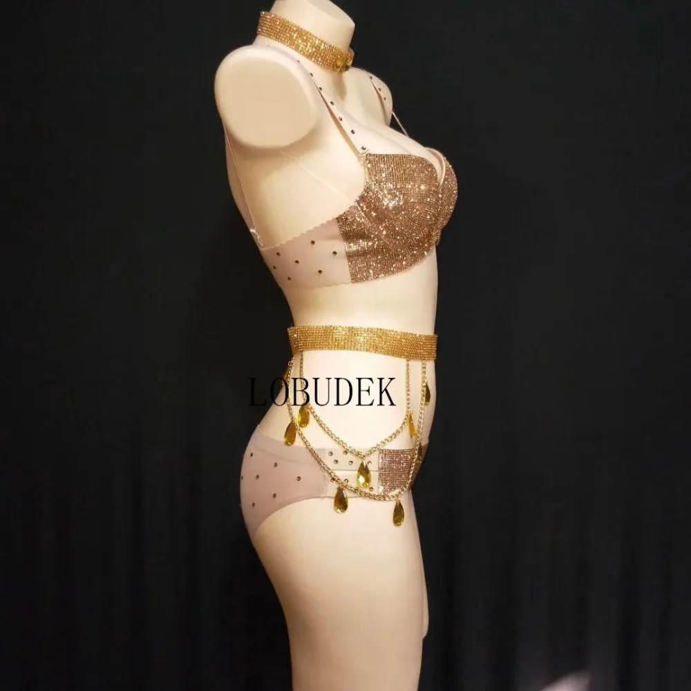Соблазнительные золотые стразы бикини сценические костюмы женский комплект из 4