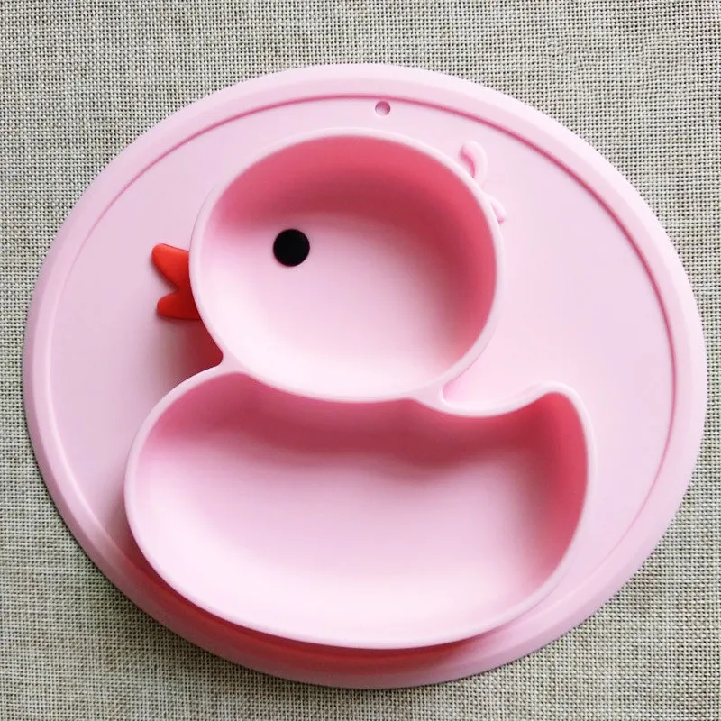 pink Cute Cartoon Animals Duck Silicone Feeding Food Anti-slip Plate Tray Dishes Food Holder for Baby Toddler Kid Children Bowl - Цвет: pink