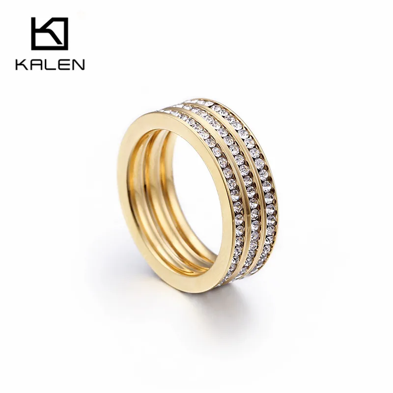 KALEN Модные кольца для женщин три цвета из нержавеющей стали и все Rhinestone кольца для пальцев Свадебные наборы женские ювелирные кольца Подарки - Цвет основного камня: All Gold