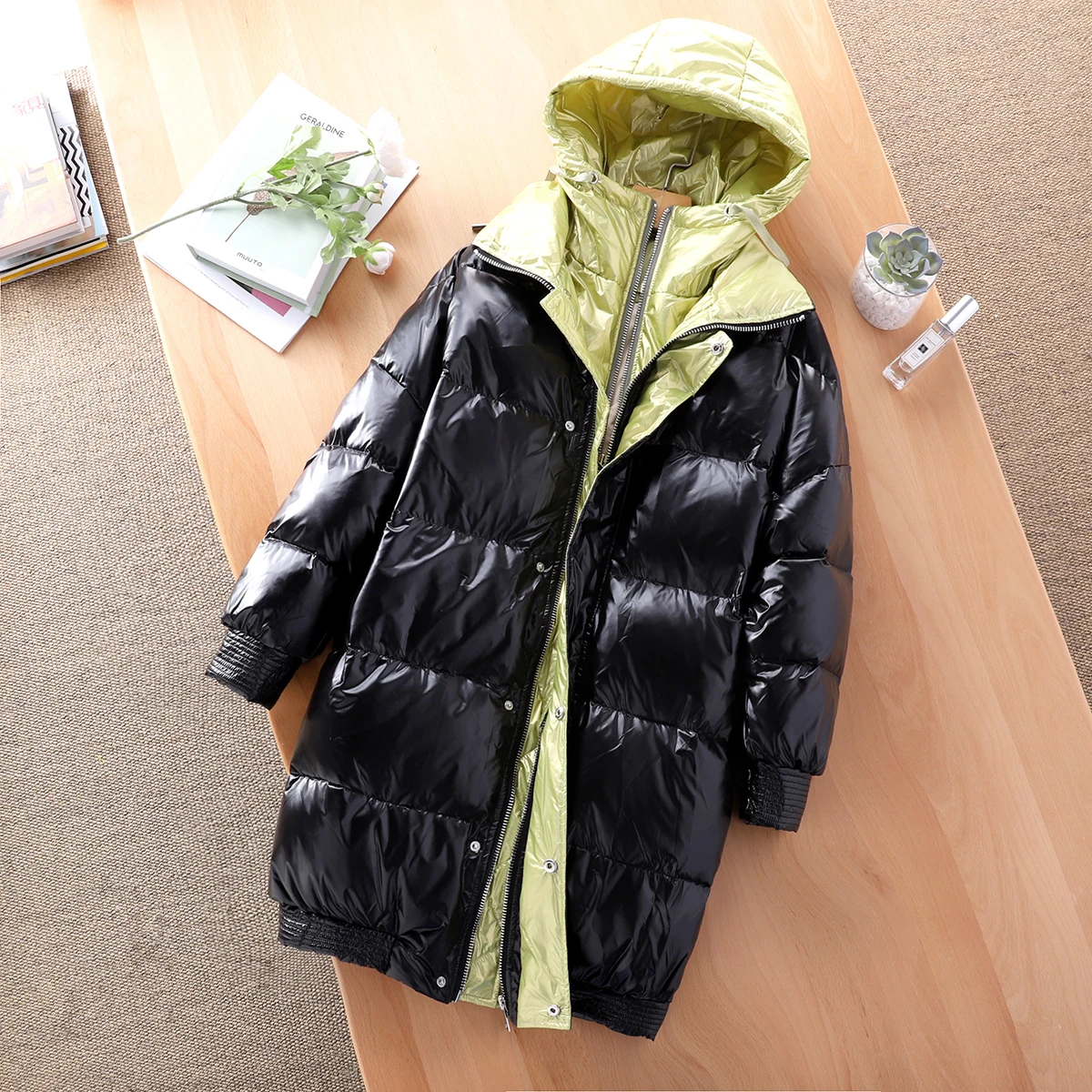 Fitaylor зима длинный Детский пуховик Для женщин серебро куртки с капюшоном на белом