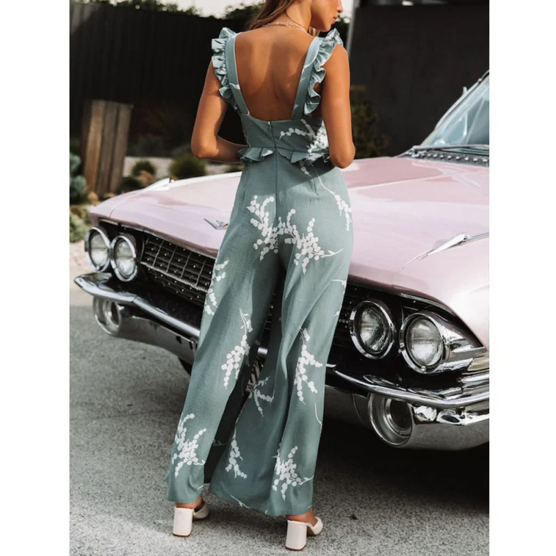 new sexy straps ruffled printed one-piece trousers women vintage backless print female Siamese trousers Lake Blue summer