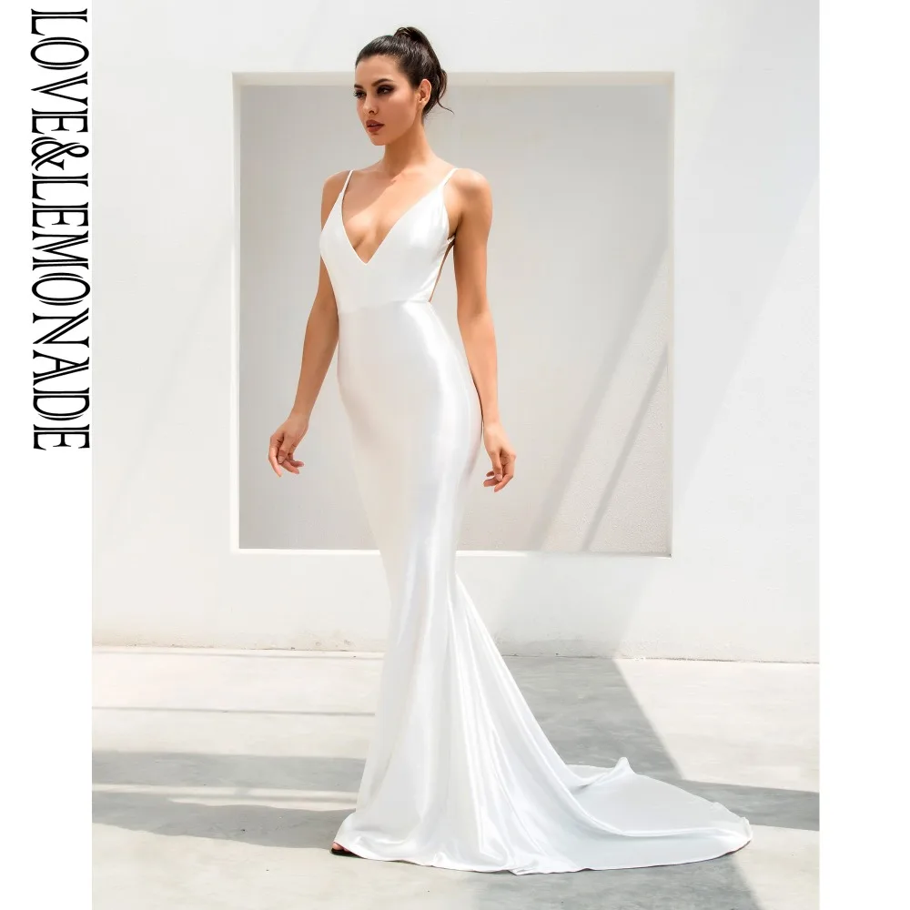 Женское длинное платье LOVE & LEMONADE Белое Облегающее с глубоким v образным вырезом и