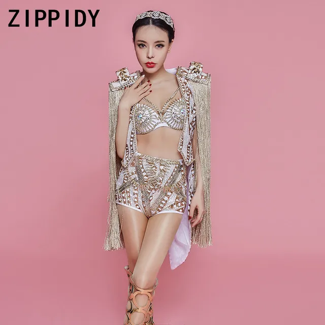 Gold Sequins Epaulet Fringes Costume Bra High Waist Short Female Singer Stage Dance Performance Wear Show Top Bottom Set 6