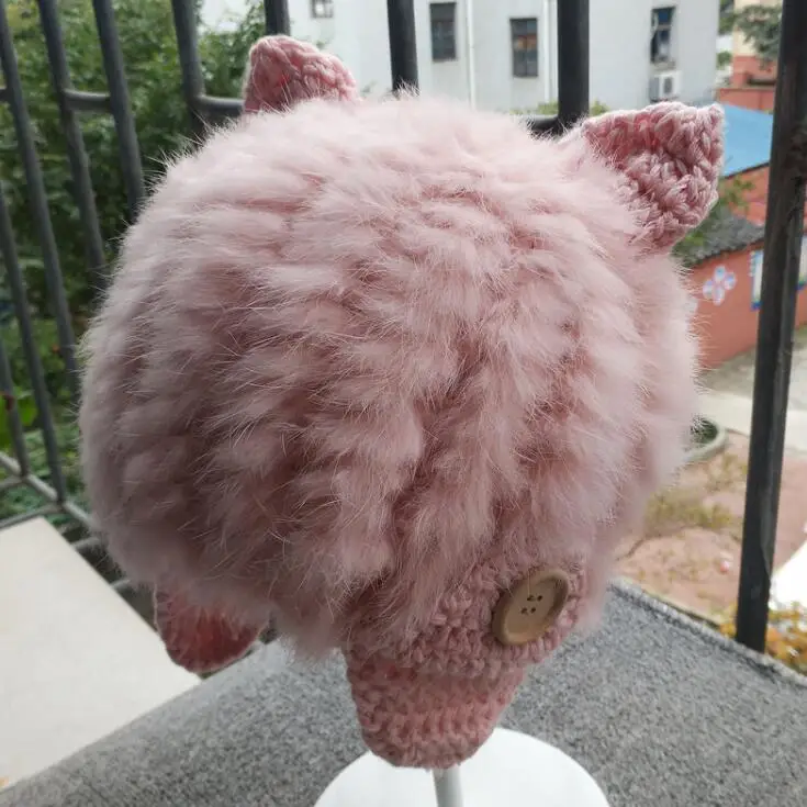 pink Женские вязаные шапки с натуральным кроличьим мехом для девочек, зимние плотные теплые модные шапочки с милыми кошачьими ушками для родителей и детей TB377 - Цвет: pink