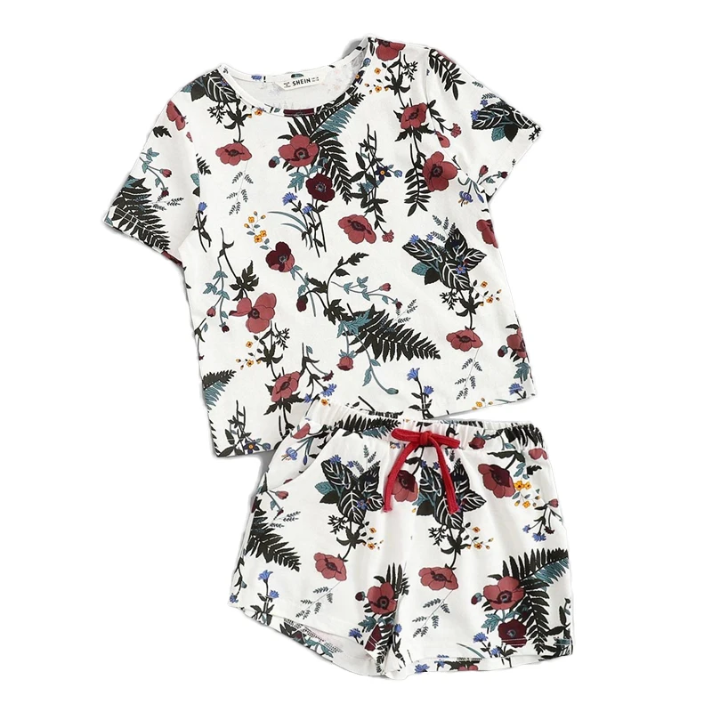 SHEIN/детский топ с растительным принтом и шорты на завязках; Комплект для девочек; Одежда для девочек-подростков; коллекция года; летний Повседневный Детский костюм с короткими рукавами