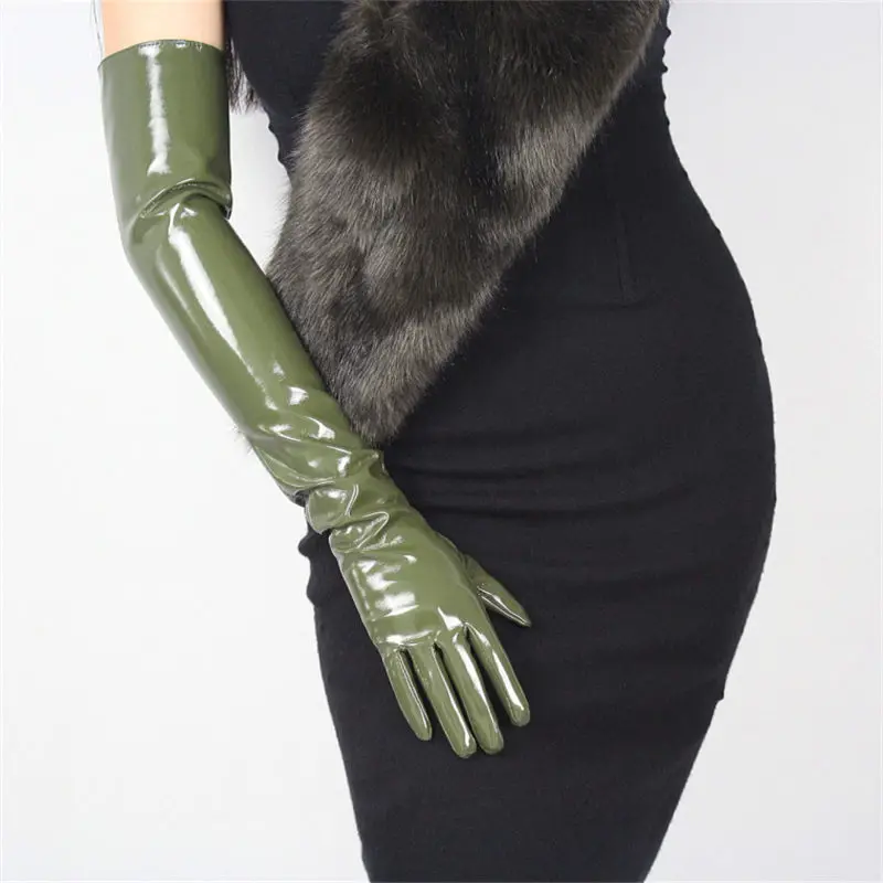 Patent Leather Green 60 см лакированные кожаные Экстра длинные перчатки длинная секция PU эмуляция кожа зеркало яркий белый сенсорный экран женские перчатки WPU37-60 - Цвет: Patent Leather Green