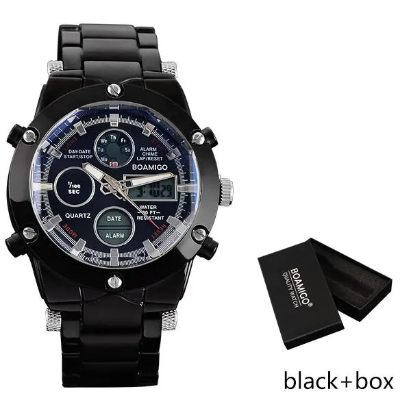 black with box BOAMIGO, Топ бренд, мужские спортивные часы, мужские военные часы, сплав, светодиодный, цифровые часы, мужские водонепроницаемые наручные часы, Reloj Hombre - Цвет: black with box