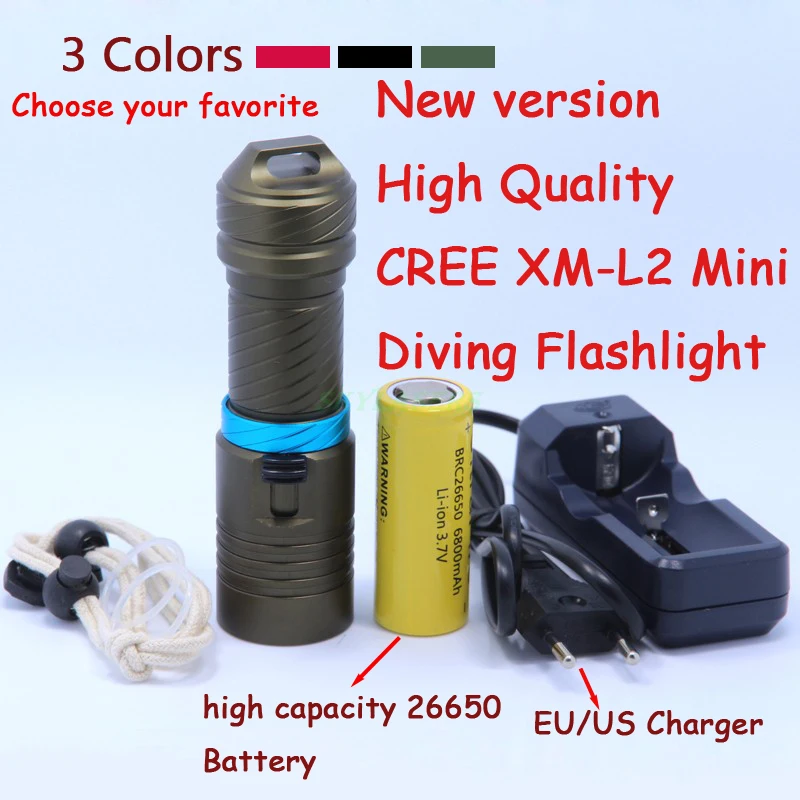 

New 2000 Lumens XM-L2 LED Diving Flashlight Torch 100M Underwater Waterproof Scuba Lantern + 26650 Battery + Charger